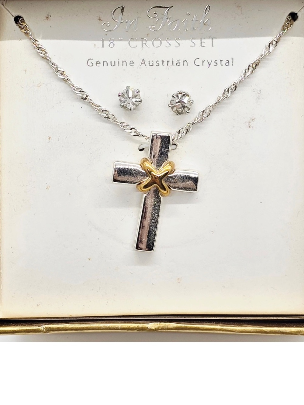 Cross Pendant Necklace and Crystal Stud Earrings - Silver & Gold
